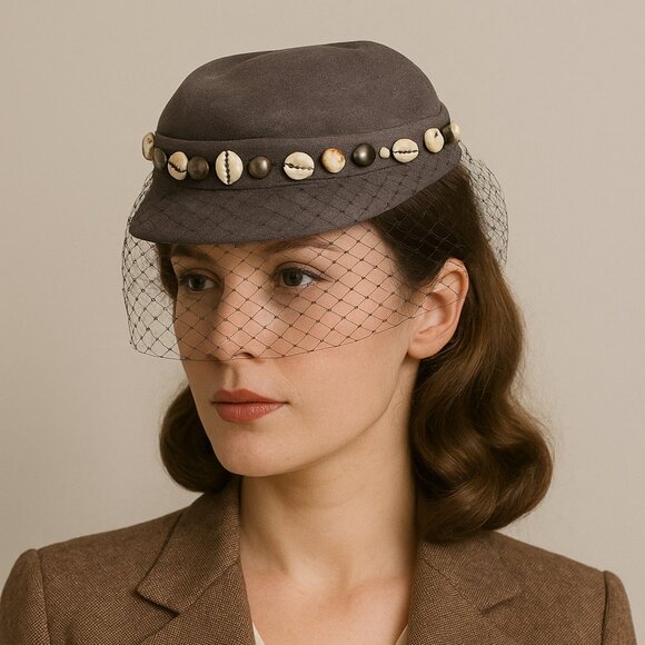 Vintage Genuine Velour Gray Hat with Veil & Beaded Trim Size 22 - Picture 1 of 8